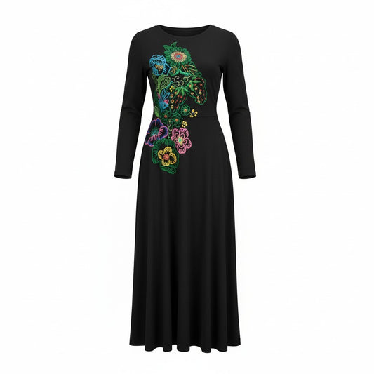 2k19《美品》 TOKUKO 1er VOL トクコプルミエヴォル ロングワンピース 長袖ワンピース 花柄刺繍 伸縮ストレッチ 9 ブラック レディースu02t