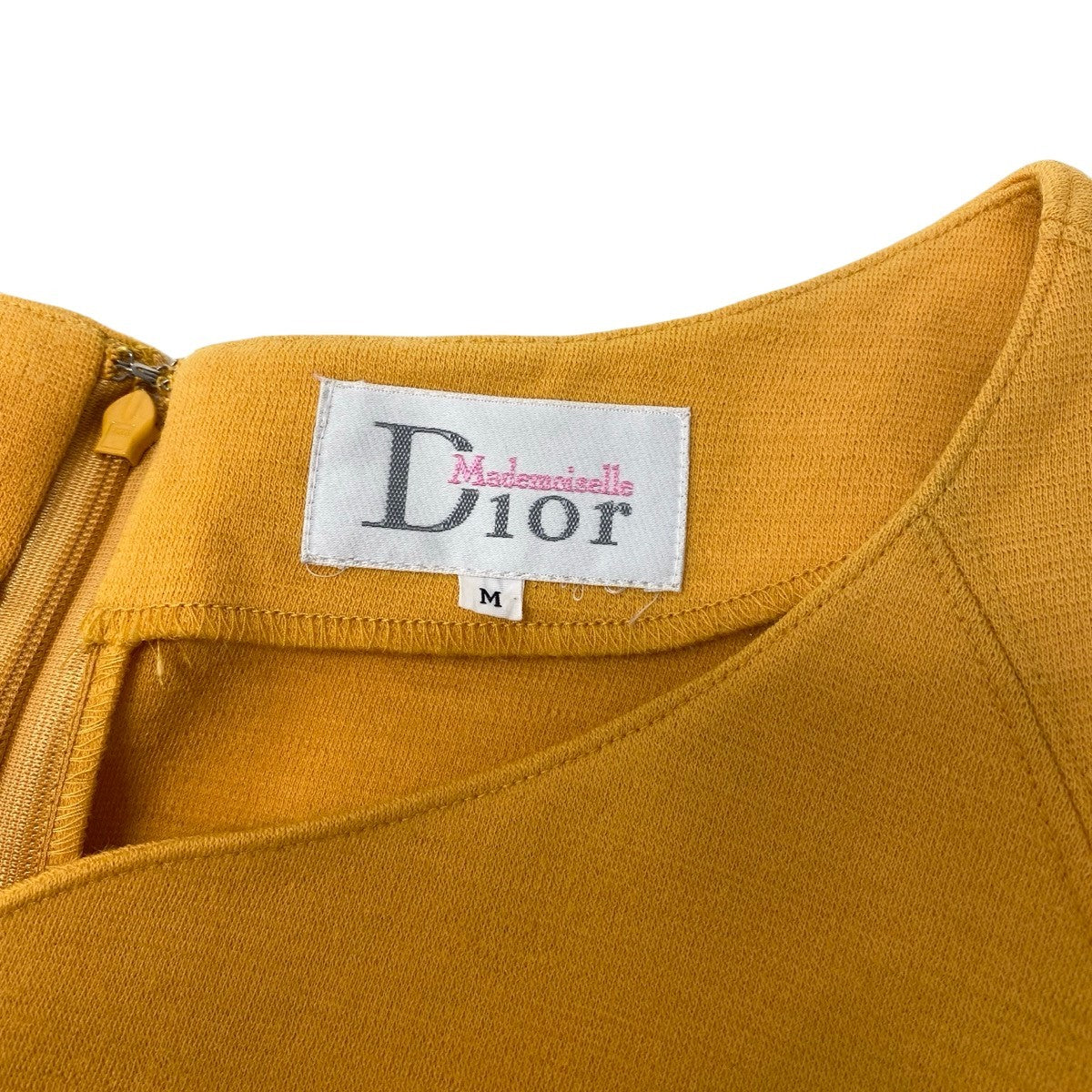 72h18 Dior マドモアゼルディオール スリットネック ロングスリーブワンピース バイカラー 刺繍デザイン サイズM イエロー ブラック ウール100％ レディースo07t