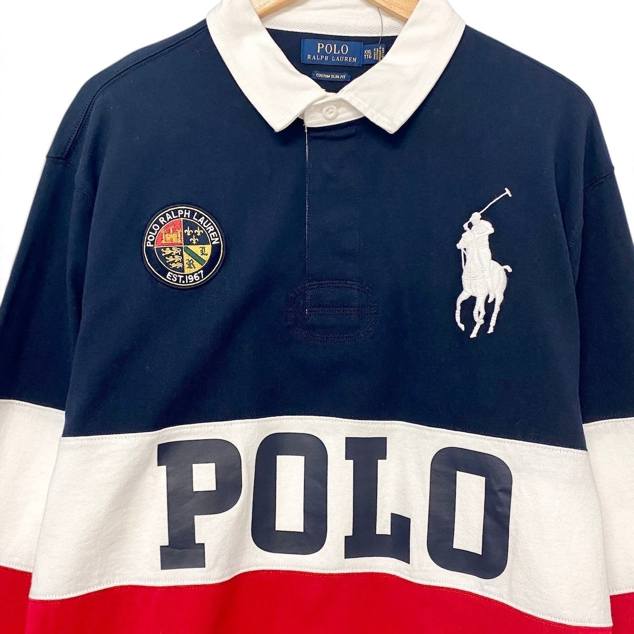 62i1 【未使用タグ付】 POLO RALPH LAUREN ポロラルフローレン CUSTOM SLIM FIT ロゴプリント 長袖ポロシャツ トリコロール ビッグポニー XXL ネイビー ホワイト レッド コットン100％ メンズu02t