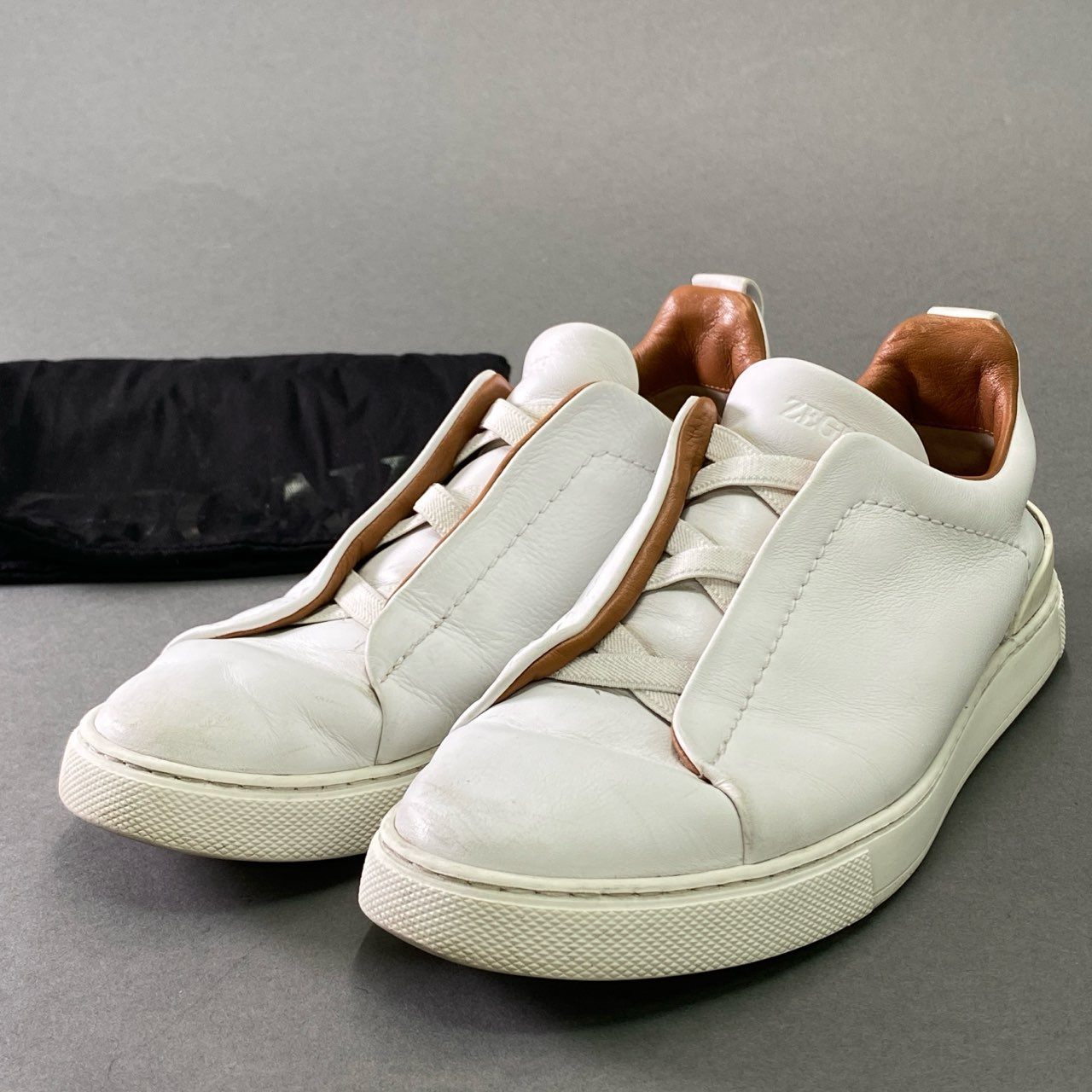 2f23 ZEGNA ゼニア TRIPLE STITCH トリプルステッチ レザースニーカー 7 1/2 ホワイト Leather シューズ 紳士靴 保存袋付き