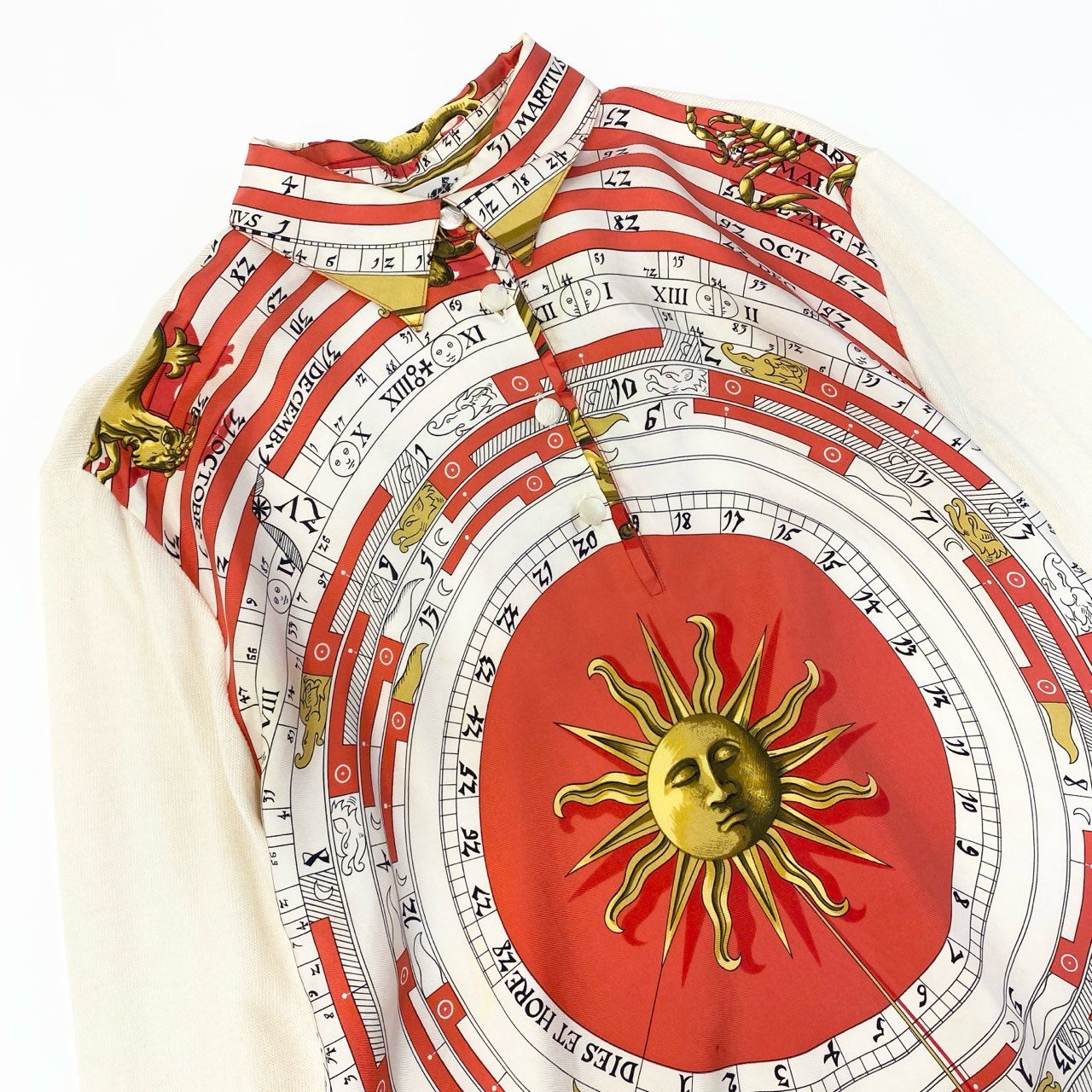 Ia16 HERMES エルメス DIES ET HORE ニット切替 ロングスリーブ ポロシャツ シルク100％ メンズ 紳士服 M オフホワイトo07t