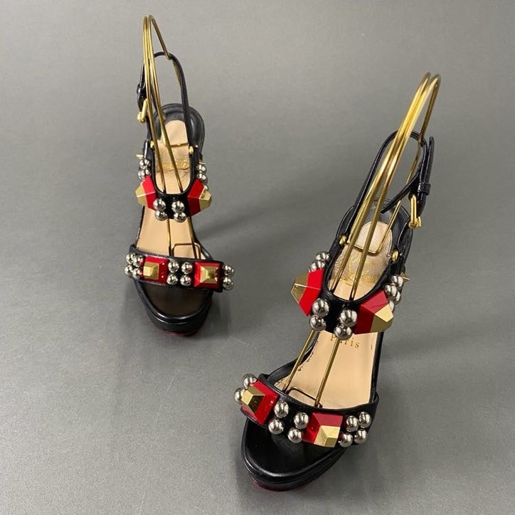 6h14 Christian Louboutin クリスチャンルブタン メタルビーズ スタッズ ストラップヒールサンダル 34 ブラック レザー シューズ イタリア製