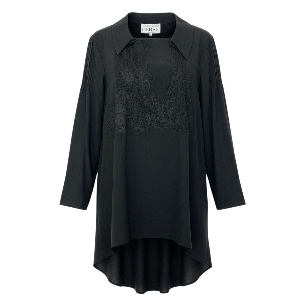 67a12 Vintage GIANFRANCO FERRE ジャンフランコフェレ 長袖ワンピース ロングワンピース 刺繍デザイン 42 ブラック シルク レディース 女性用 イタリア製u02t