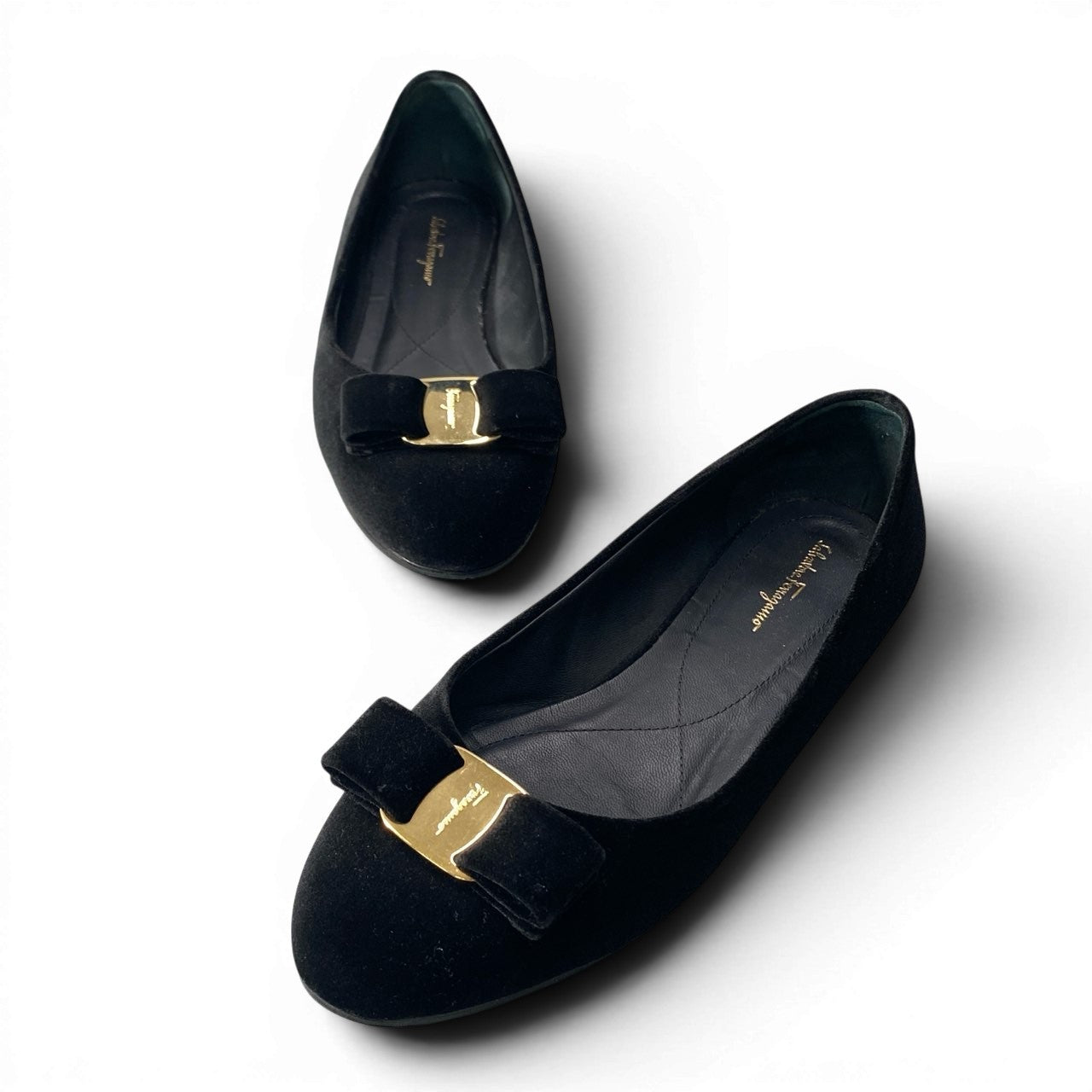 3d23 Salvatore Ferragamo サルヴァトーレフェラガモ VARINA ヴァリナ フラットパンプス バレエシューズ ヴァラリボン ベロア 0679013 6 1/2 ブラック レディース 女性靴k02i