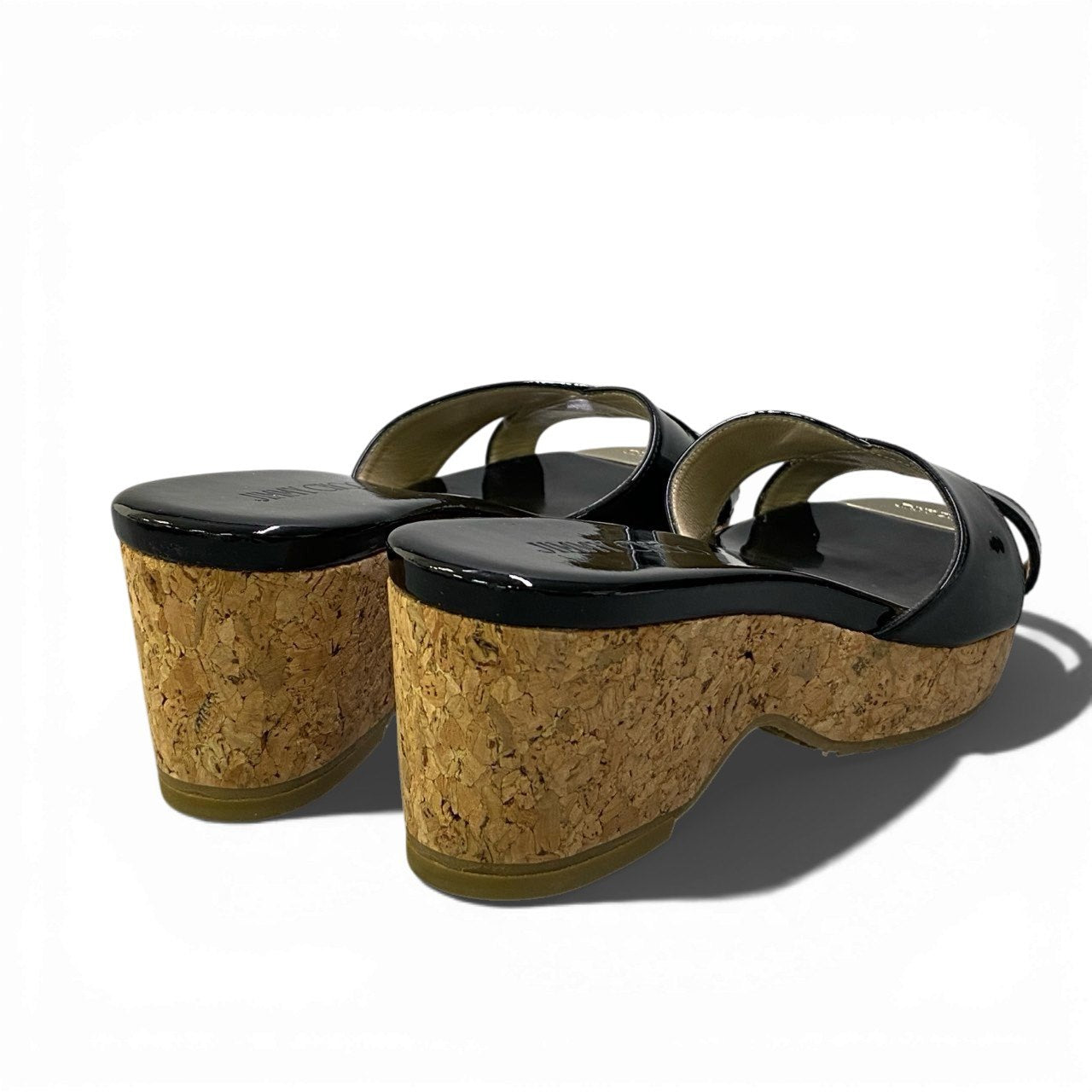 1b23 JIMMY CHOO ジミーチュウ エナメル クロスストラップ サンダル コルクウェッジサンダル レディース 女性靴 サイズ37 ブラックu02t