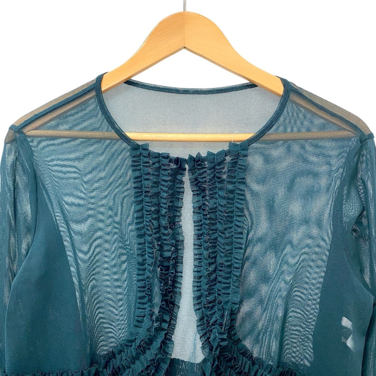 15c2 【美品】 TOKUKO 1er VOL トクコプルミエヴォル シアー フリルカーディガン ボレロ ロングスリーブ レディース 女性服 サイズ9 グリーン系 ポリエステル100％u02t