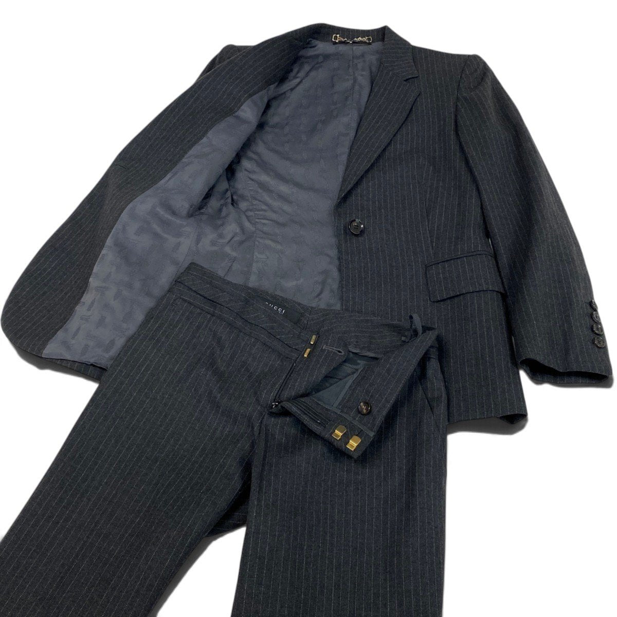 80j6 【美品】GUCCI グッチ 2006年 スーツセットアップ GGロゴ テーラードジャケット スラックスパンツ ストライプ 38サイズ グレー レディース 女性用u02t