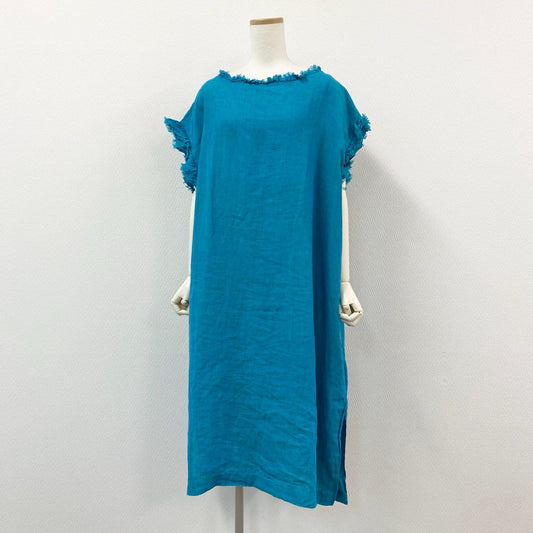 48h14《美品》　HOUSE OF LOTUS ハウスオブロータス カットオフリネンワンピース ロングワンピース フレンチスリーブ サイズM ブルー 麻 リネン100 レディースu02t