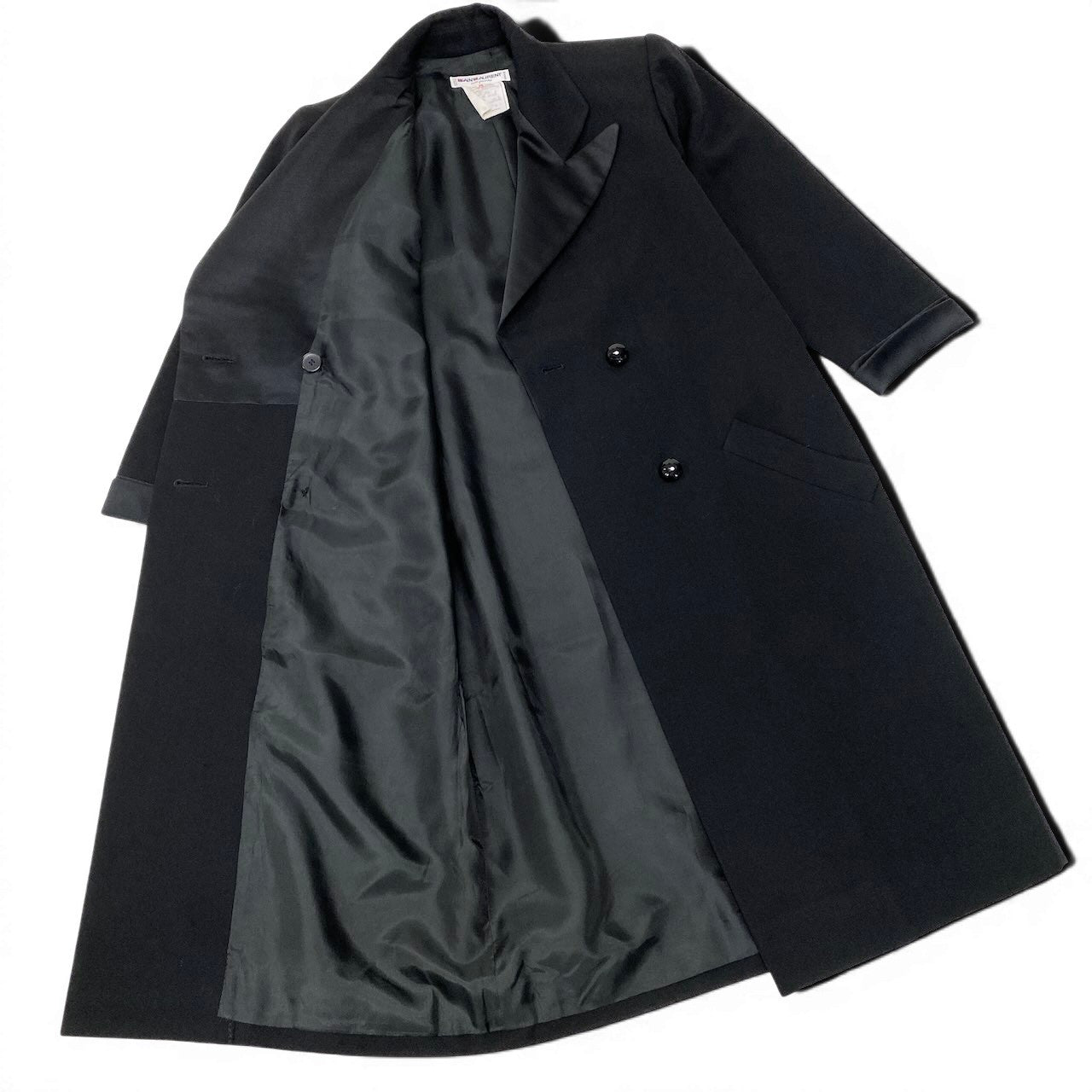 14f15 SAINT LAURENT サンローラン リヴゴーシュ ヴィンテージ ダブルブレスト チェスターコート ロングコート サイズ36 ブラック レディース 女性用u02t