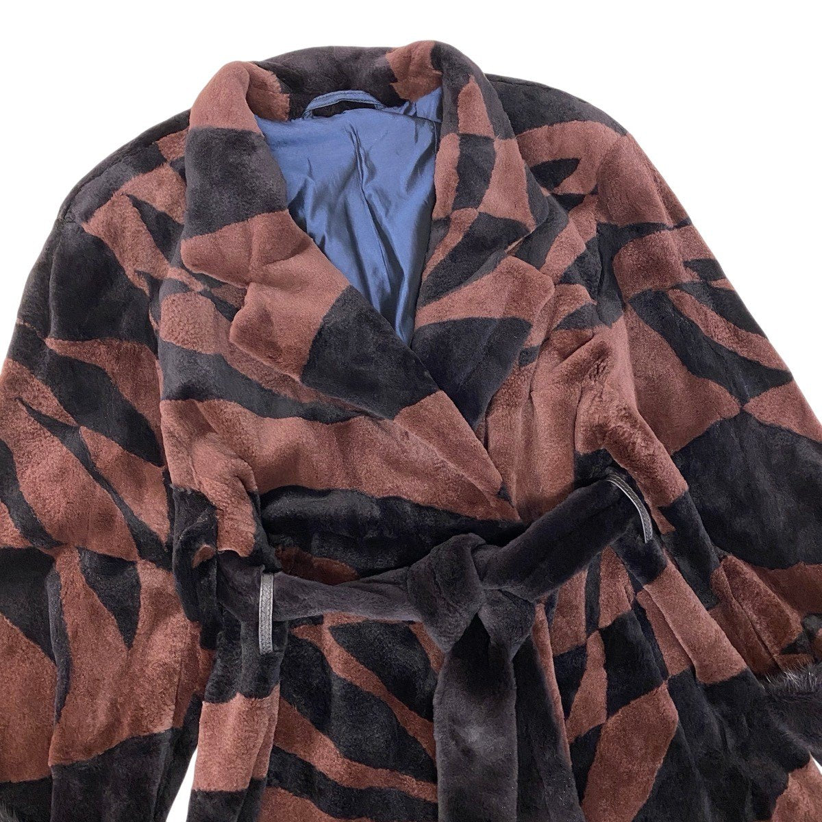 93h8 シェアードミンク 幾何学模様 ロングコート サイズF ブラウン ブラック 本毛皮 Mink Fur Coat ベルト付t18r