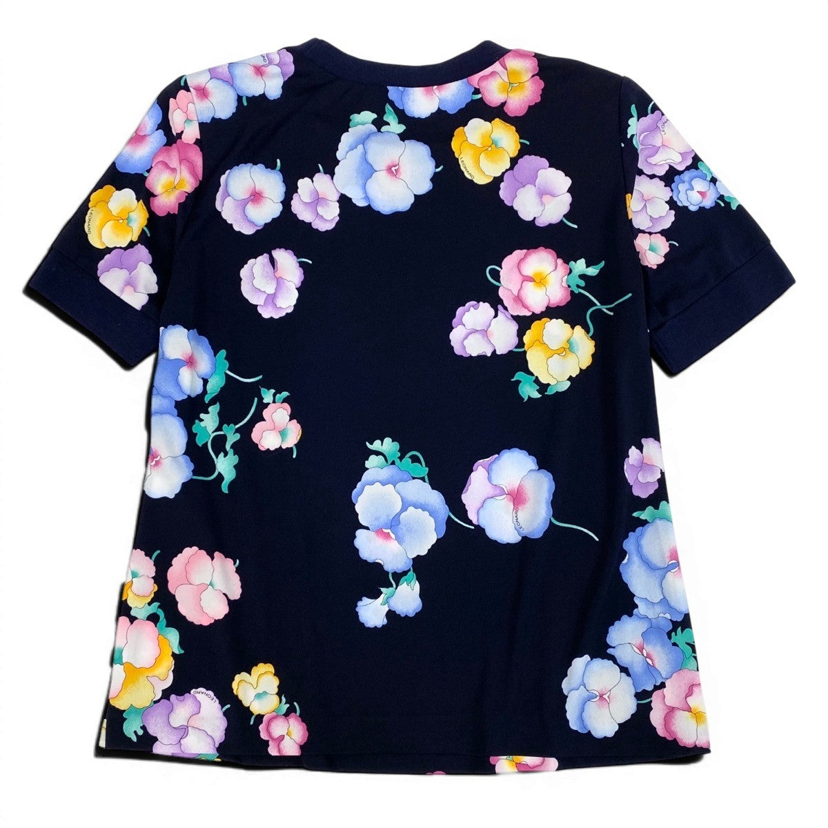 52f10 【美品】 LEONARD FASHION レオナール リブネック 半袖カットソー 美しい花柄プリント カンカン素材 サイズM ネイビー レディース 女性服u02t