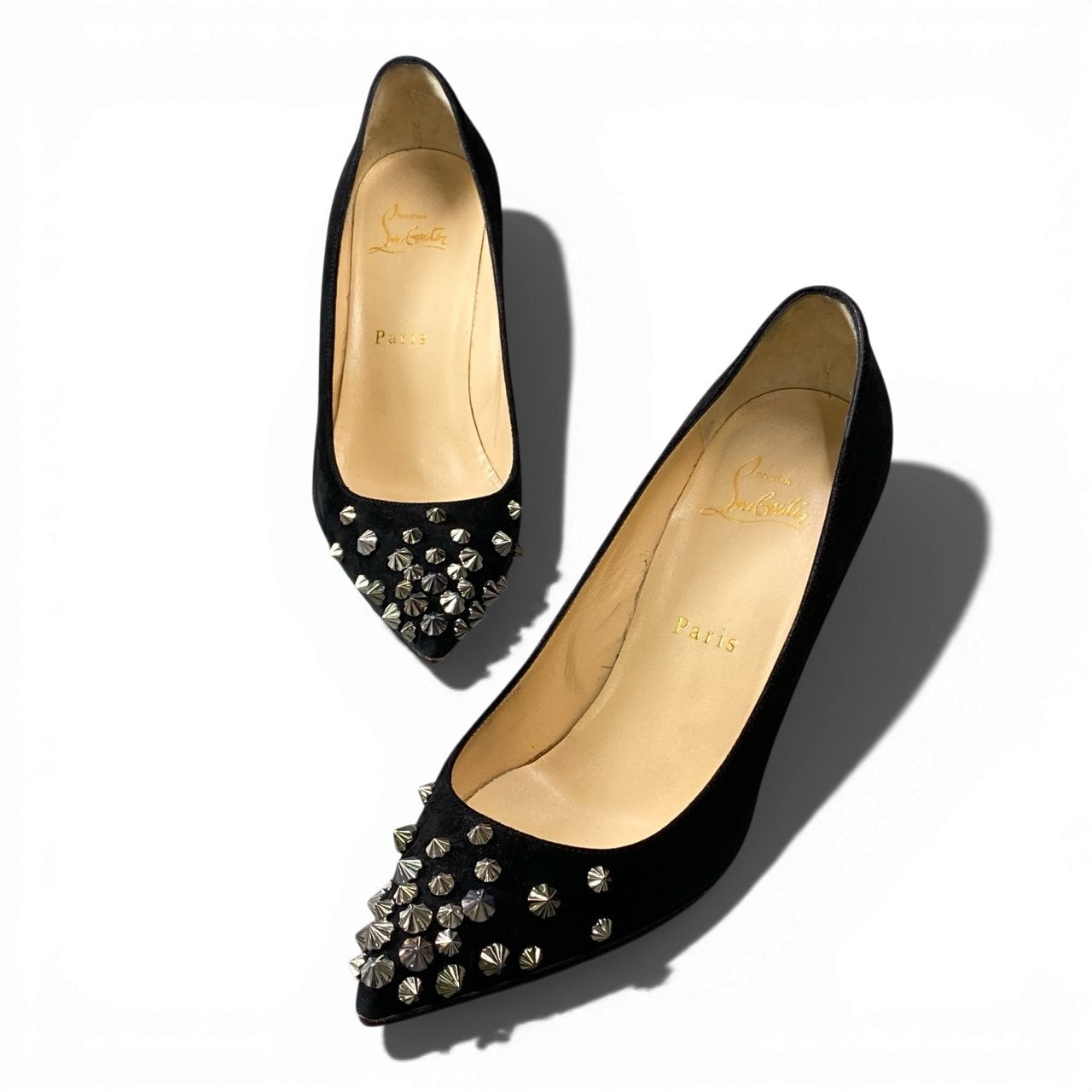 3a5 christianloboutin クリスチャンルブタン スタッズ ハイヒール パンプス スウェード ピンヒール イタリア製 36 1/2サイズ ブラック レディースk02i