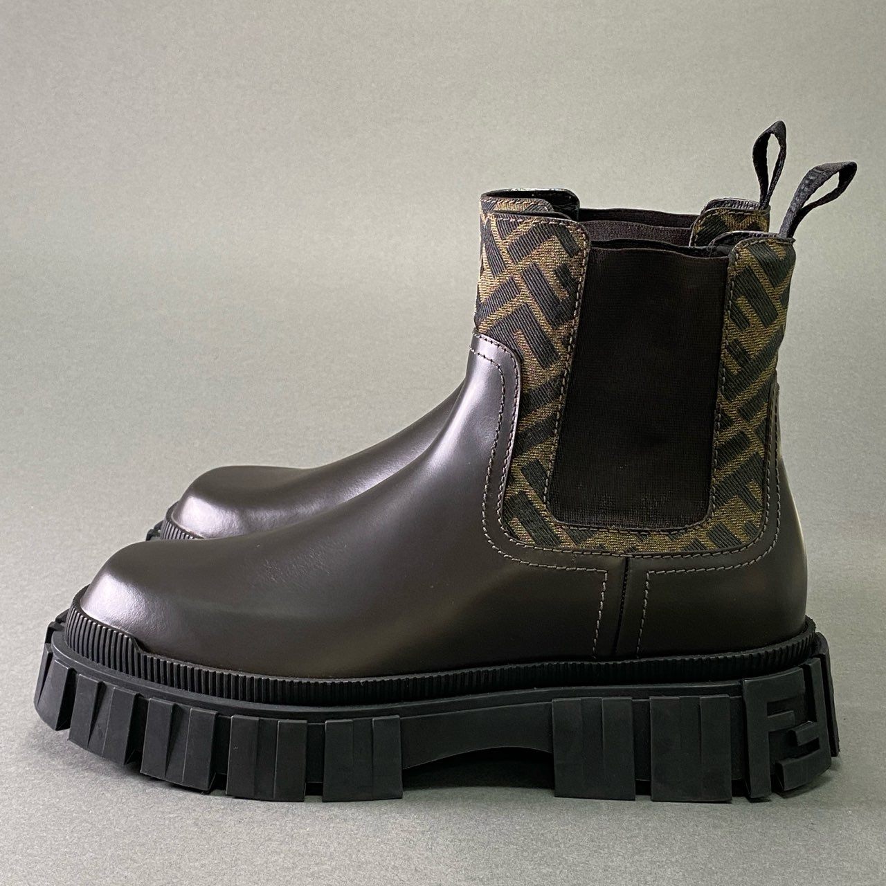 1e19 【イタリア製】FENDI フェンディ ズッカ柄 サイドゴアブーツ チェルシーブーツ サイズ7 ダークブラウン レザー メンズ 男性用 靴 レザーシューズ