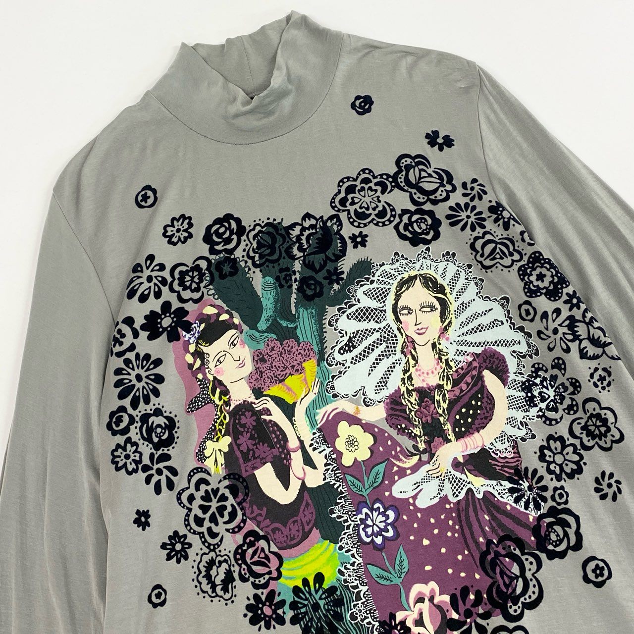 56k26 TOKUKO 1er VOL トクコプルミエヴォル 長袖ワンピース 裾シアー切替 プリント 伸縮ストレッチ 9 グレー系 レディースu02t