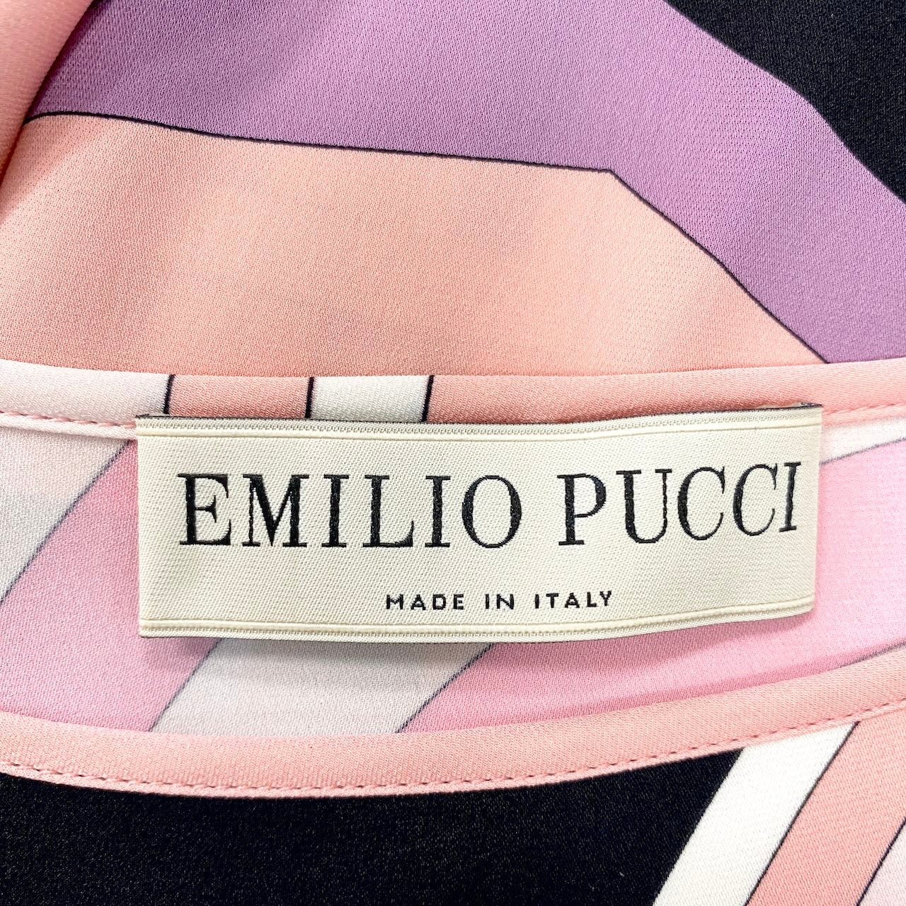 34e16 EMILIO PUCCI エミリオプッチ シルクチュニックワンピース  ブロックプリント 五分袖 イタリア製 38サイズ ピンク系 レディース 女性用u02t