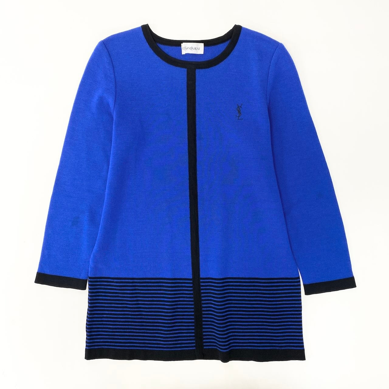 33f15 YVES SAINT LAURENT イヴサンローラン YSLロゴ ニットセーター チュニック丈 ボーダー柄 バイカラー サイズＭ ブルー ブラック ウール100％ レディース 女性用u02t