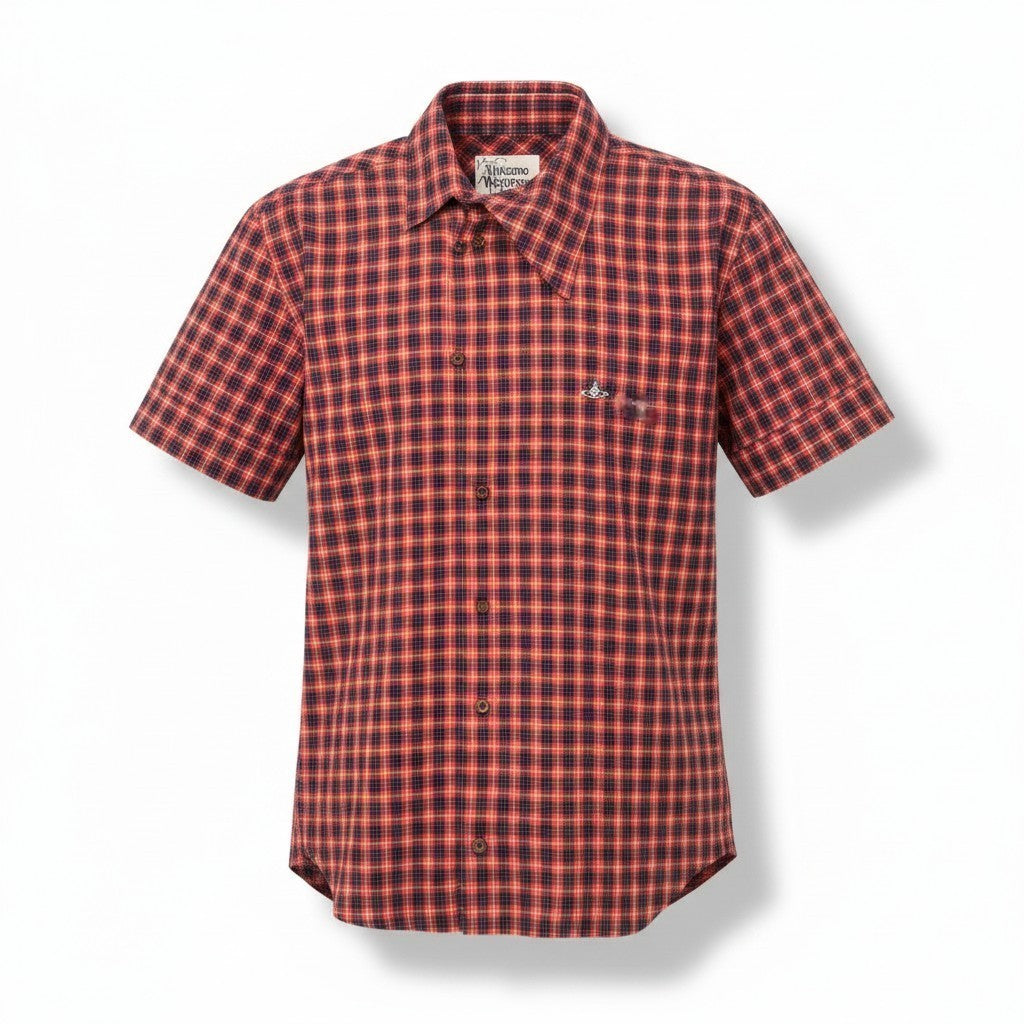 23e7 VivienneWestWood MAN ヴィヴィアンウエストウッドマン ロゴ刺繡 チェックシャツ 半袖シャツ サイズ50 レッド ネイビー コットン100％ メンズ 紳士服u02t