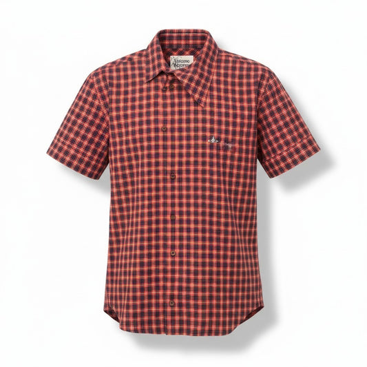 23e7 VivienneWestWood MAN ヴィヴィアンウエストウッドマン ロゴ刺繡 チェックシャツ 半袖シャツ サイズ50 レッド ネイビー コットン100％ メンズ 紳士服u02t