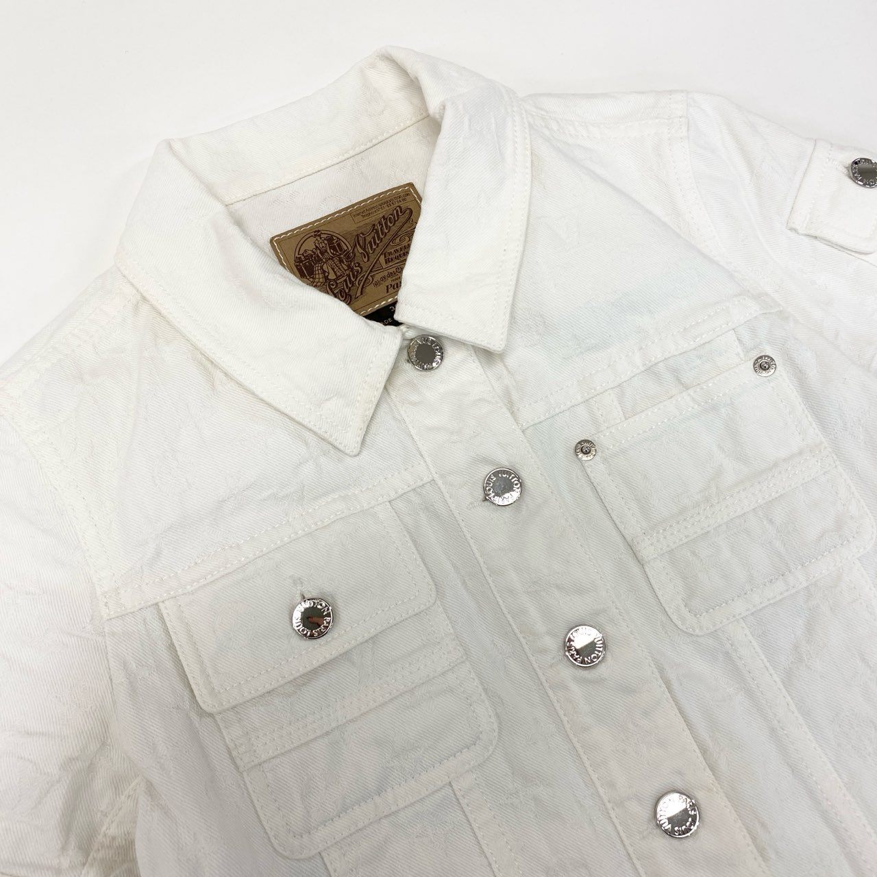 11k28 LOUIS VUITTON ルイヴィトン 半袖デニムジャケット モノグラム ジャガード 38 ホワイト コットン レディース イタリア製u02t