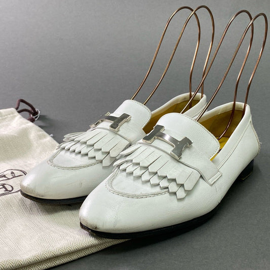1e12 HERMES エルメス ロワイヤル モカシン ローファー 37 1/2 ホワイト レザー 革靴 Hロゴ シューズ 保存袋付き