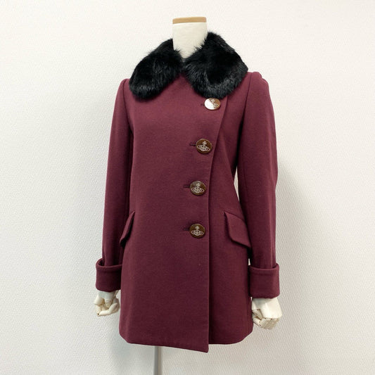 74i8 Vivienne Westwood RED LABEL ヴィヴィアンウエストウッド レッドレーベル オリゾンティ期 オーブボタン ラビットファー襟 ショートコート ジャケット 日本製 2 ボルドー ウール ナイロン レディースk02i