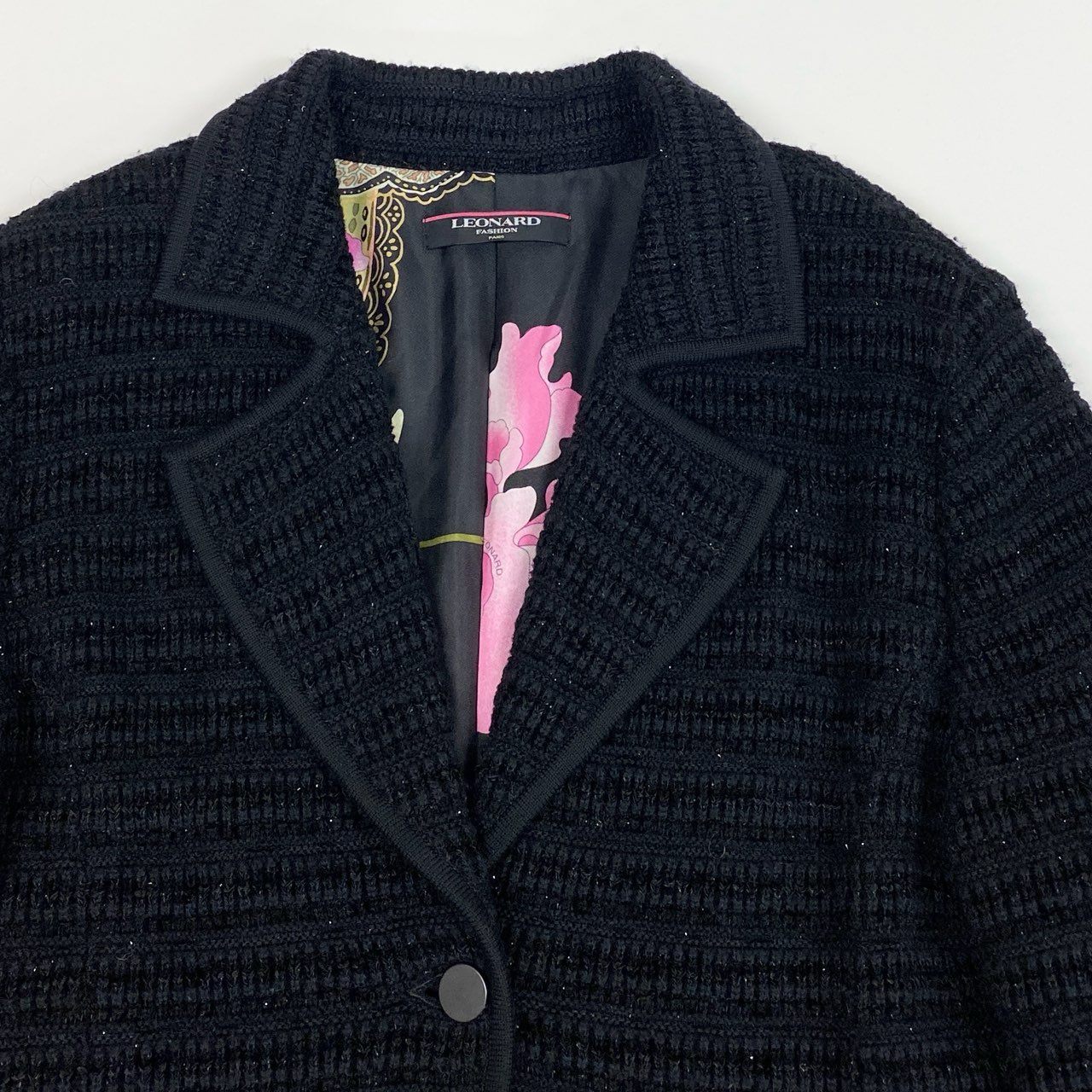 58a21 LEONARD FASHION レオナール ニットジャケット テーラードジャケット ラメニット 裏地花柄プリント レディース 女性用 大きいサイズ LL ブラックu02t