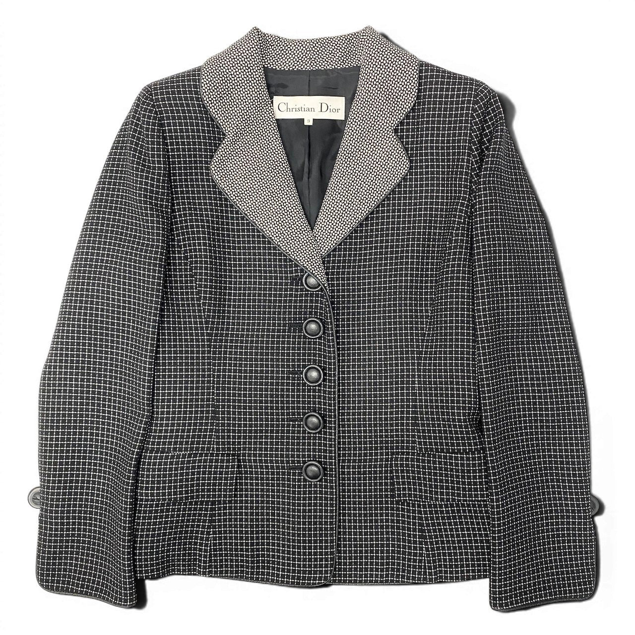 62e12 Christian Dior クリスチャンディオール テーラードジャケット  レザーパイピング チェック柄 総柄 サイズ9 ブラック ホワイト レディース 女性用o07t
