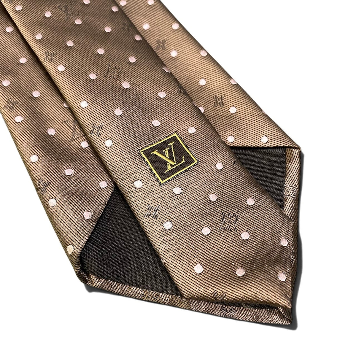 i13 【極美品】 LOUIS VUITTON ルイヴィトン モノグラム × 水玉 ネクタイ ブラウン × ピンク シルク100％ メンズ 紳士服k02i