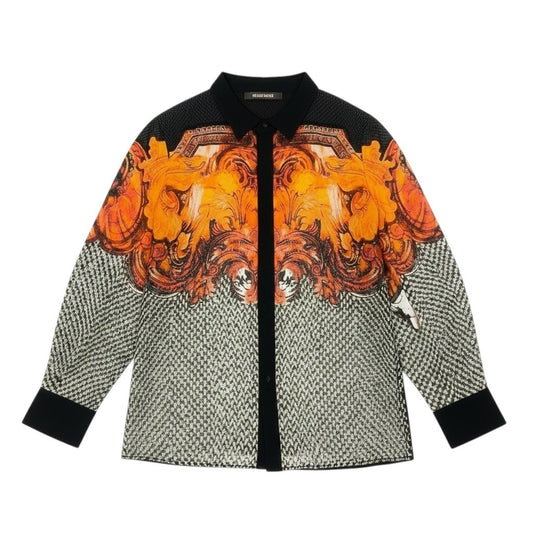 Ad21 roberto cavalli ロベルトカヴァリ シースルーシャツ  コットンシャツブラウス 総柄 42サイズ オレンジ ブラック コットン100％ レディース 女性用t18r