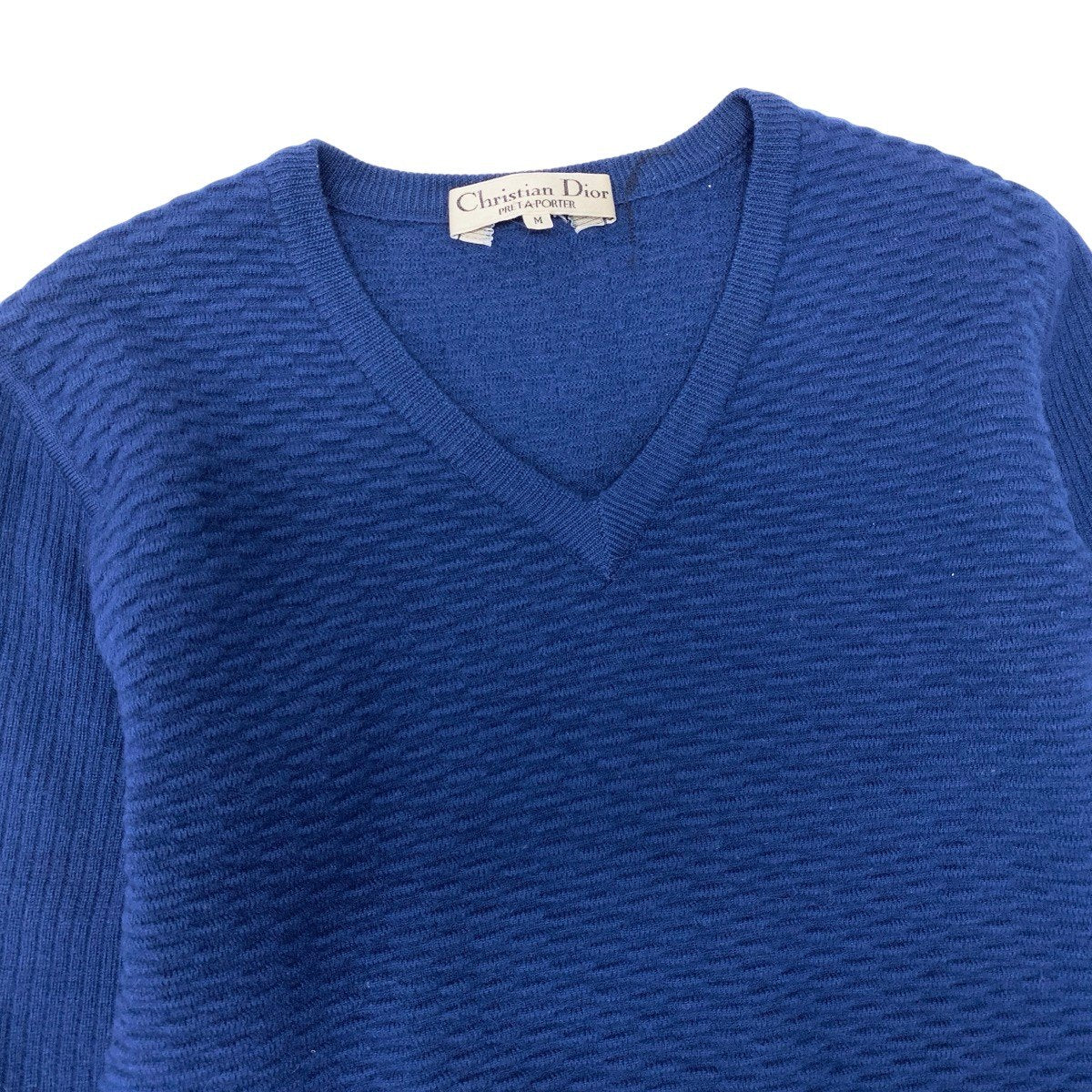 55h21 Christian Dior クリスチャンディオール Vネック ニットセーター リブ切替 裾ロゴ刺繍 サイズM ネイビー ウール100％ レディースu02t