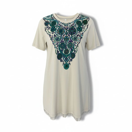 61c9 TOKUKO 1er VOL トクコプルミエヴォル チュニックワンピース 半袖 裾レース スパンコール装飾 伸縮ストレッチ レディース 女性服 サイズ9 ライトベージュu02t