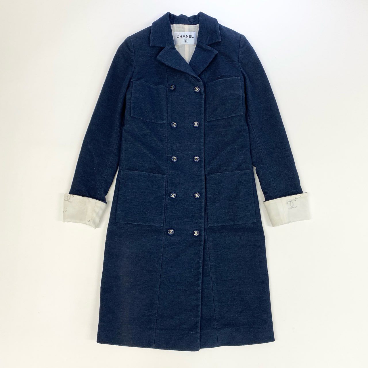 16k10 CHANEL シャネル ココマーク ダブルロングコート P53419V38061 34 インディゴ ブルー デニム 裏地刺繍t18r