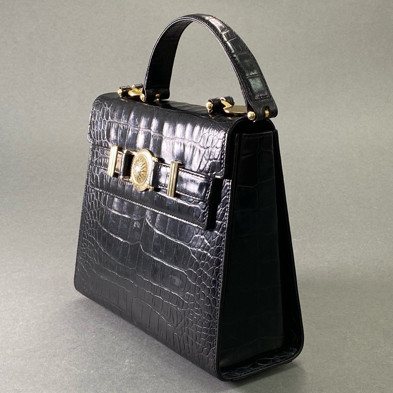 Af4 GIANNI VERSACE ジャンニ ヴェルサーチ クロコ型押し ハンドバッグ ブラック レザー カバン 鞄 ビンテージ Vintage レトロ
