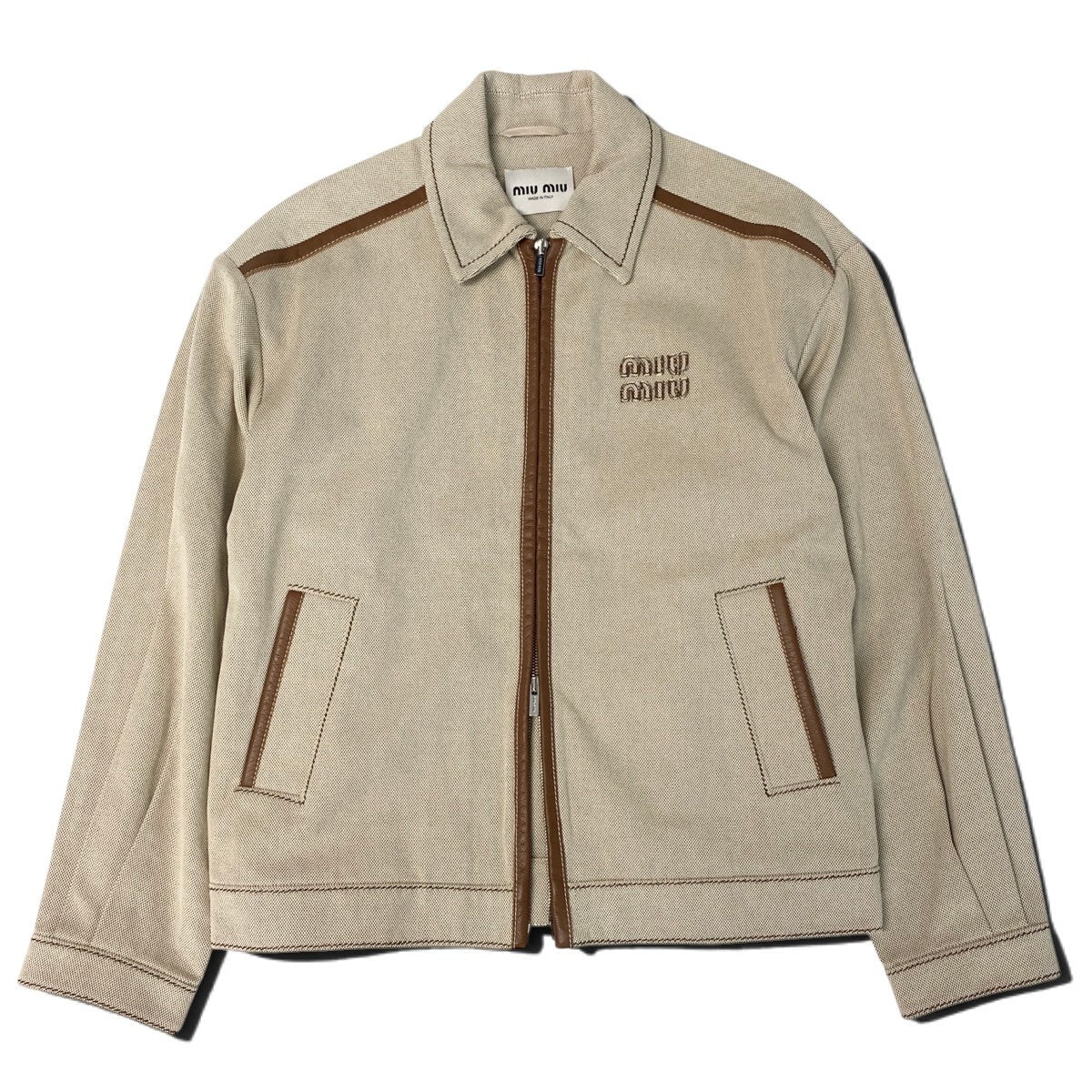 Ij28【極美品】MIUMIU 2023 ジャガード ブルゾン ジャケット  ML1042 38サイズ ベージュ ブラウン コットン レザー レディースk02i
