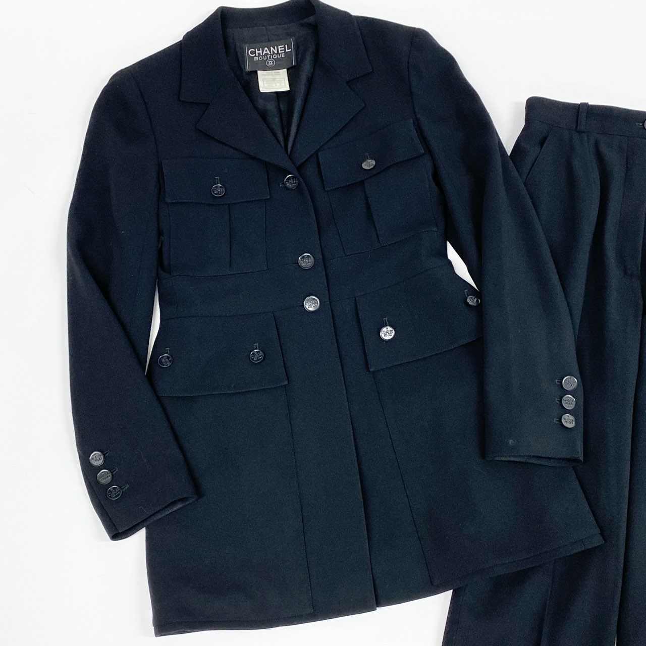 Ca15 CHANEL シャネル 1991年 P11193 スタイルアップ ジャケット パンツ セットアップサイズ36 ブラック レディースta1