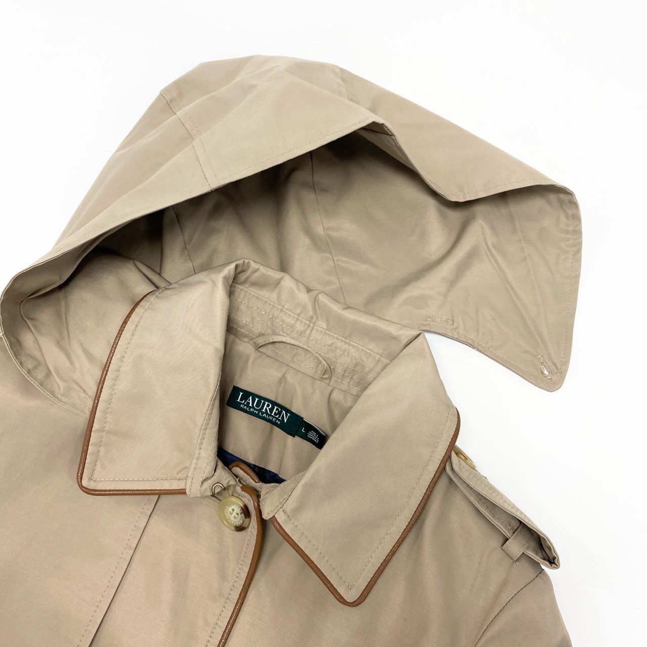 51Ⅼ2 LAUREN RALPH LAUREN ローレン ラルフローレン トレンチコート ロングコート フード取り外し可 2way レザーパイピング 裏地総柄 レディース L  ベージュu02t