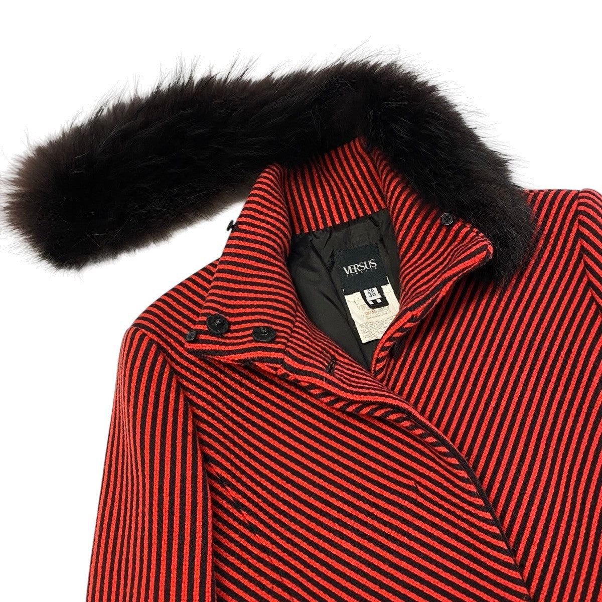 Ej23 【美品】 VERSUS VERSACE ヴェルサス ヴェルサーチ ファー付 スタンドカラーコート ストライプ柄 サイズ26/40 レッド ブラック レディースo07t
