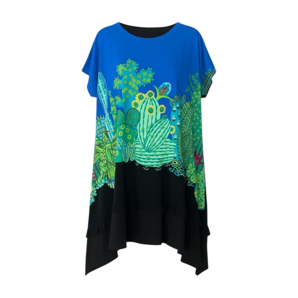 15c5 【美品】 TOKUKO 1er VOL トクコプルミエヴォル フレンチスリーブワンピース 半袖 サボテン柄 バイカラー Aライン レディース 女性服 サイズ9 ブラック ブルーu02t