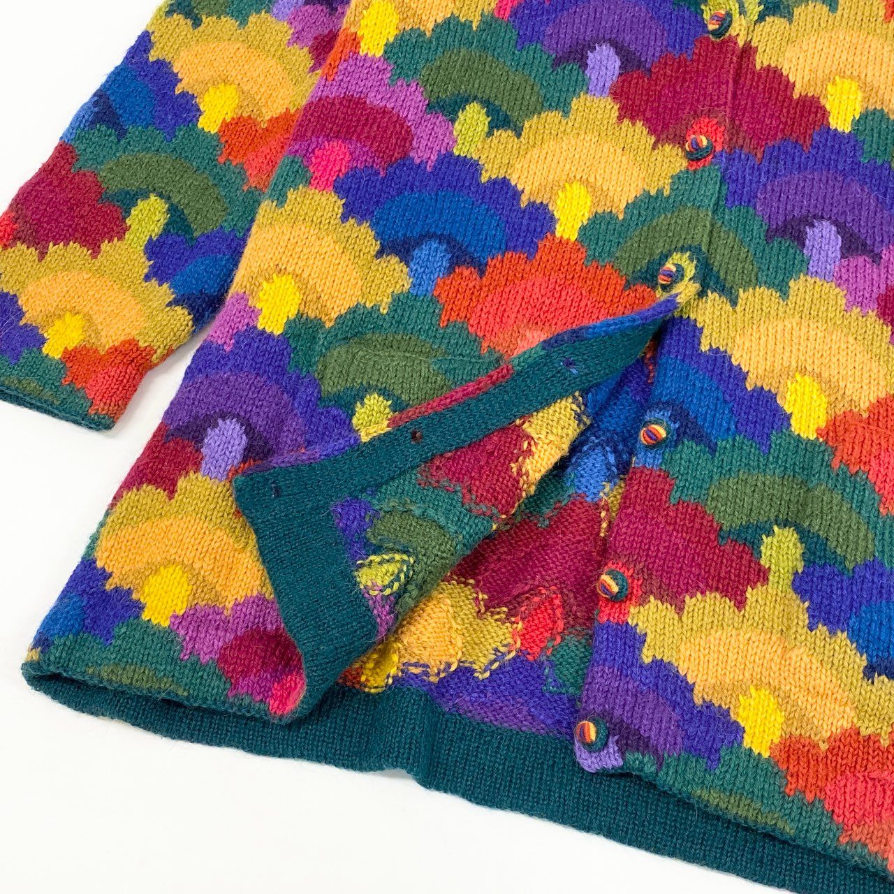 39d28 ROYAL ALPACA ロイヤルアルパカ ハンドニット ニットカーディガン ニットコート サイズL マルチカラー アルパカ100％ ペルー製 レディース