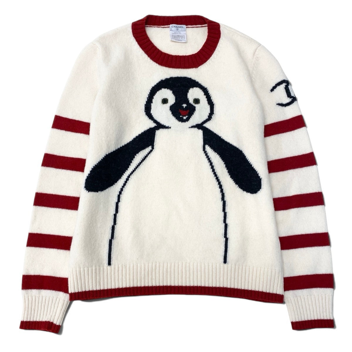 Ci13 CHANEL シャネル ニットセーター 2007年 ペンギン柄 クルーネックニット ウールニット 42 アイボリー レッド ウール100％ レディース 女性用k02i