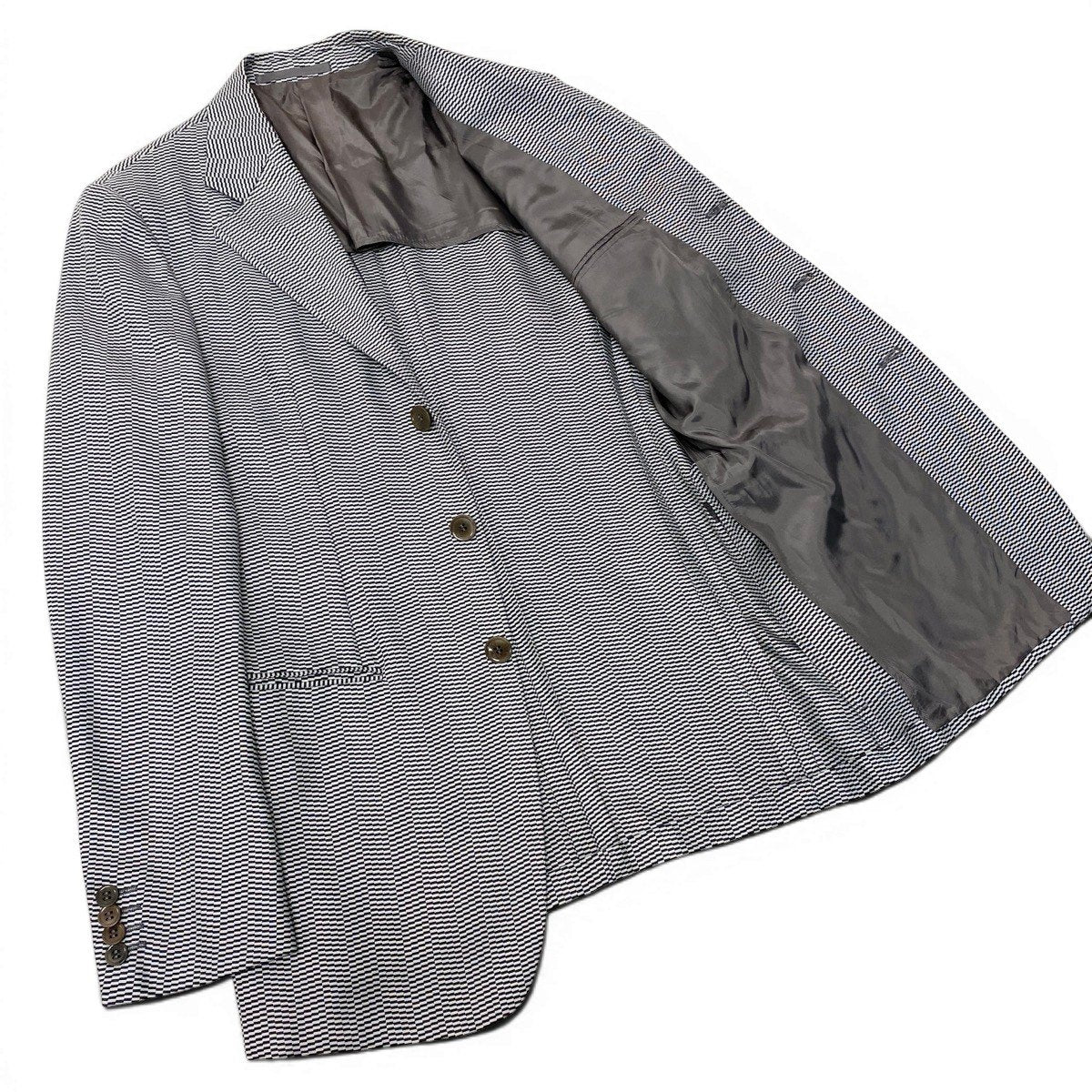 91g24 ARMANI COLLEZIONI アルマーニコレツィオーネ テーラードジャケット ロングジャケット 総柄 サイズ46 ライトグレー ブラック メンズ 紳士服u02t