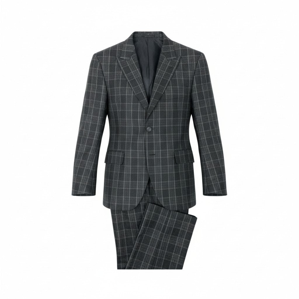 4k23 GINZA Global Style 銀座グローバルスタイル 英国製生地 JOHN FOSTER セットアップスーツ シングル 2B チェック柄 メンズ 紳士服 ダークグレー ウールu02t