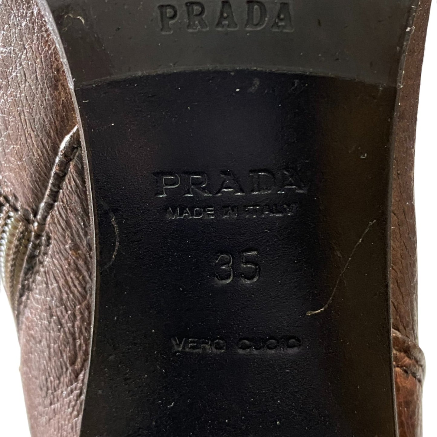 1L11 PRADA プラダ ロゴ入り ゴールド金具 チャンキーヒール サイドジップ ブーツ サイズ35 ブラウン レザー レディース 女性用 靴k02i