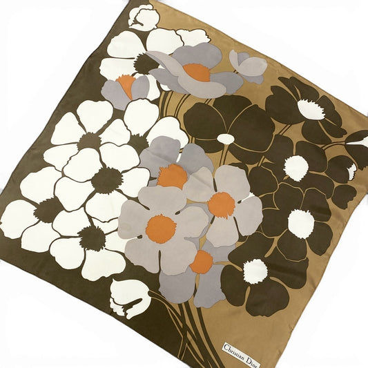 b20 Christian Dior クリスチャンディオール CD Flour Print Scarf フラワープリントスカーフ 茶系t18r