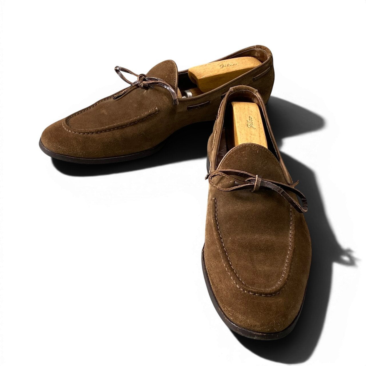 1f10 Santoni サントーニ リボンローファー スウェードレザーシューズ サイズ8 ブラウン メンズ 紳士靴u02t