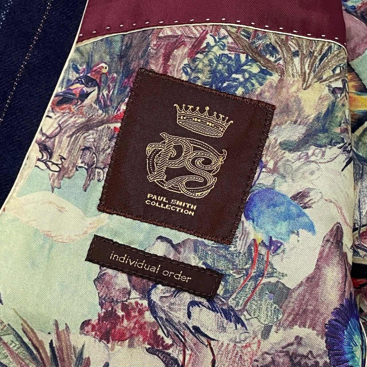 64d16 PAUL SMITH COLLECTION ポールスミス セットアップスーツ シングルスーツ 2B ストライプ柄 裏地総柄 花柄刺繍 サイズL ネイビー ウール100％ メンズ 紳士服u02t
