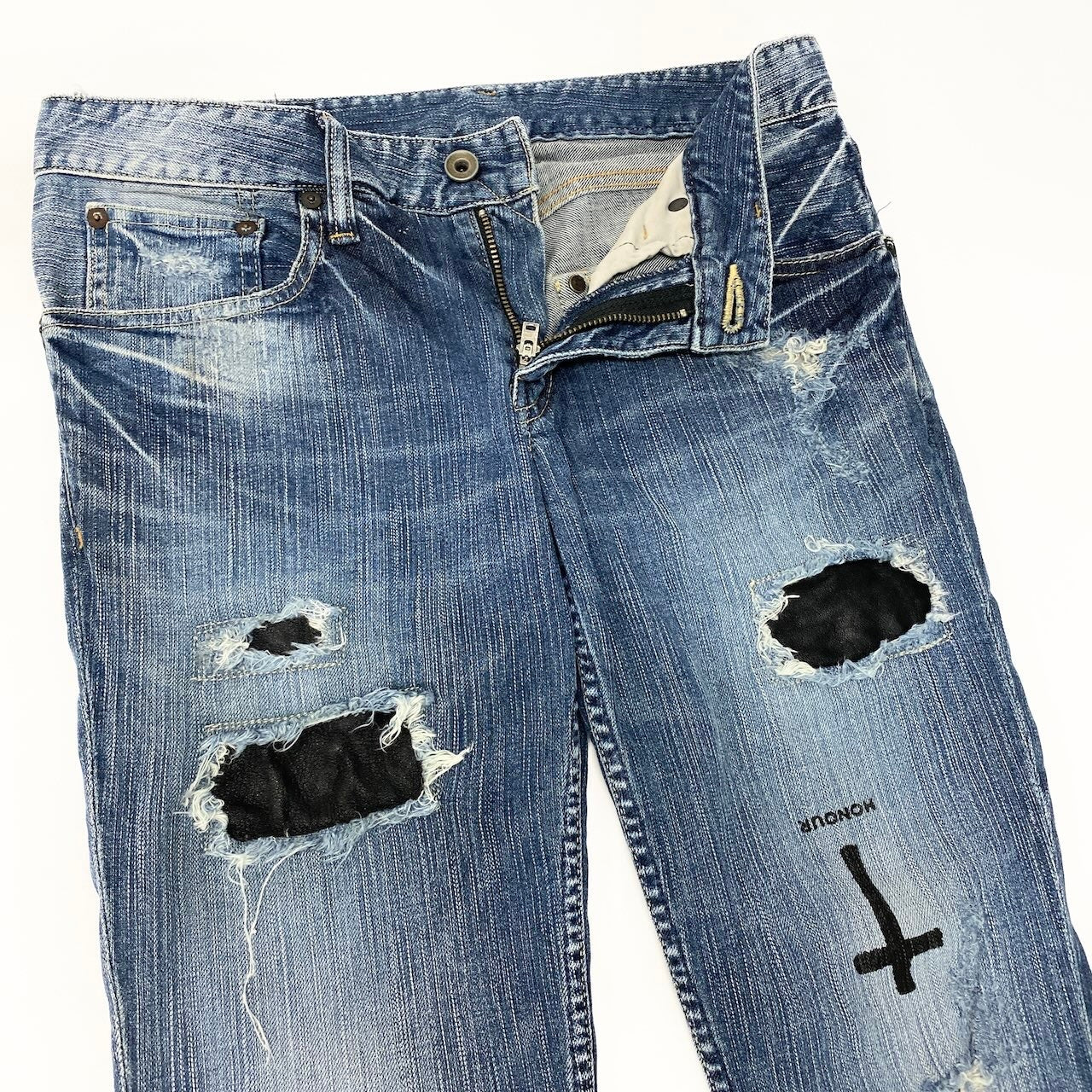 56d13 L.G.B. ルグランブルー 00s レザーパッチ クロス スキニーデニムパンツ サイズ27 インディゴブルー ジーンズ ヴィンテージ加工t18r