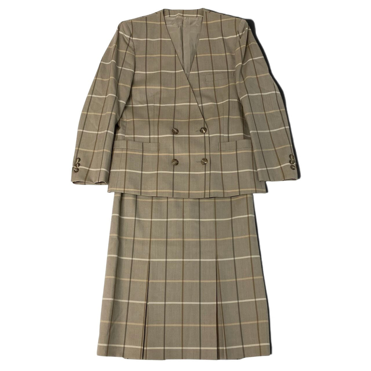 j29 【美品】Burberrys スカートセットアップ ジャケット スカート チェック柄  7ARサイズ ベージュ ウール100％ レディース 女性用u02t
