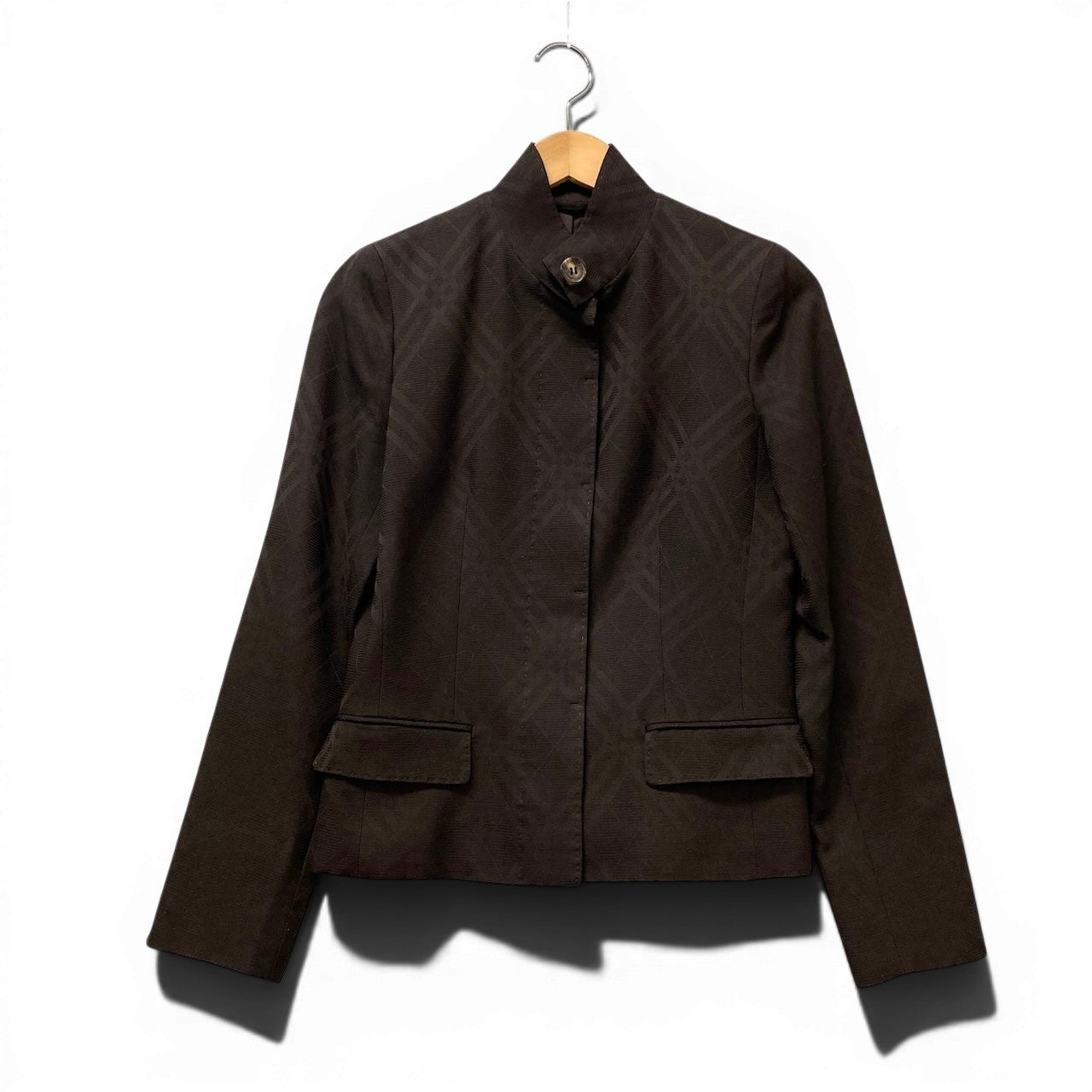 85g7 BURBERRY LONDON バーバリー スタンドカラージャケット チェック柄 比翼ボタン サイズ38 ダークブラウン レディース 女性用o07t