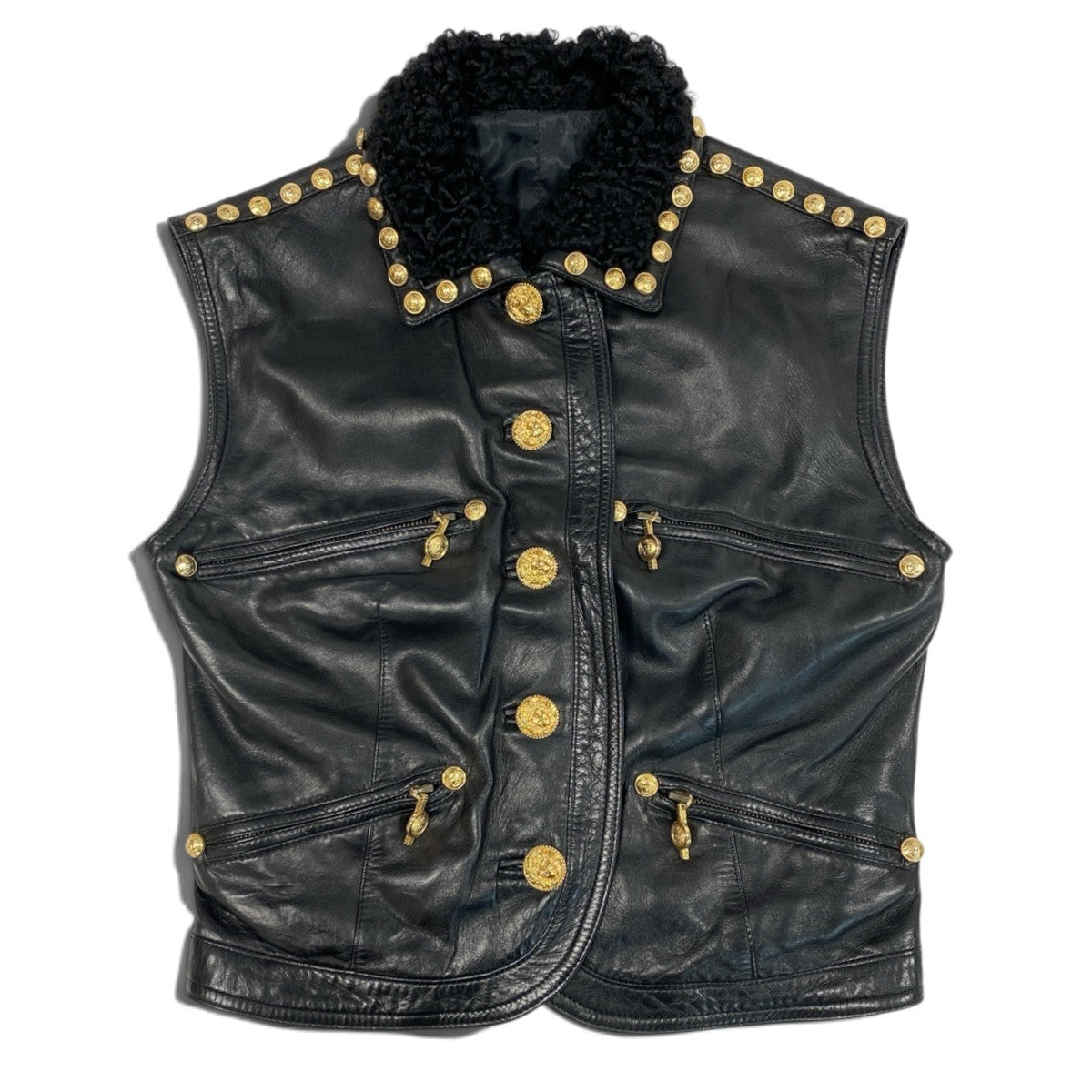 h31 GIANNI VERSACE ジャンニヴェルサーチ メデューサボタン レザーベスト ムートン襟 ブラック レザーu02t